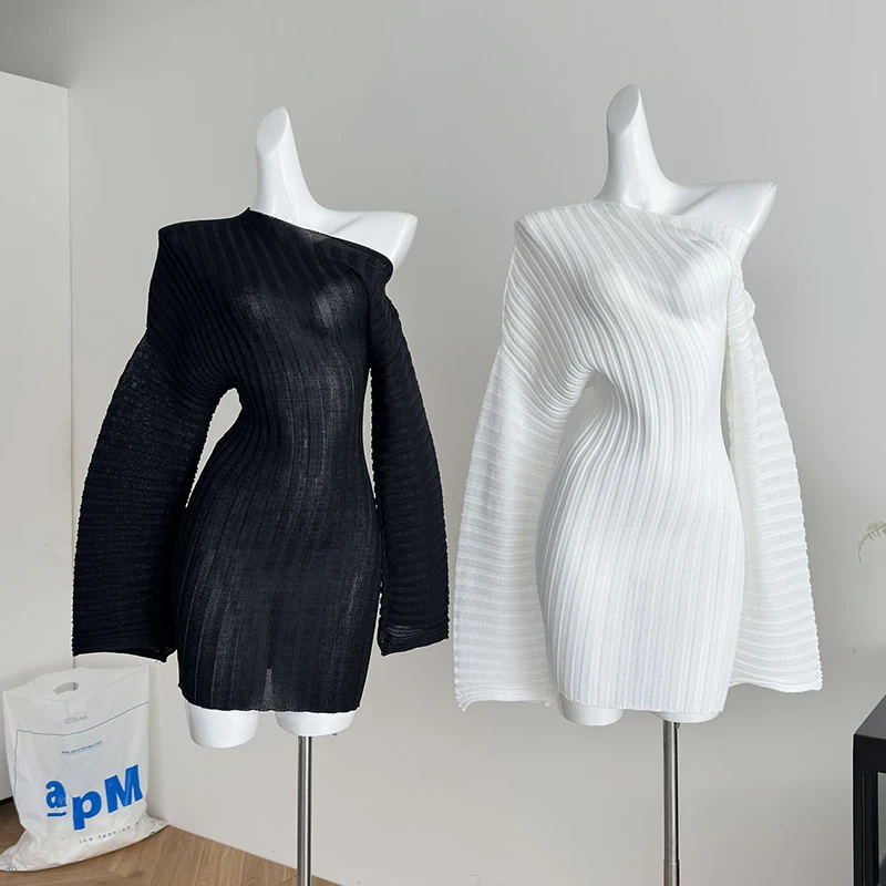 

Fashion Irregular Off-the-shoulder Mini Dress Sexy High Stretch Thin Micro-transparent Bodycon Dress Flare Sleeve Black Dresses