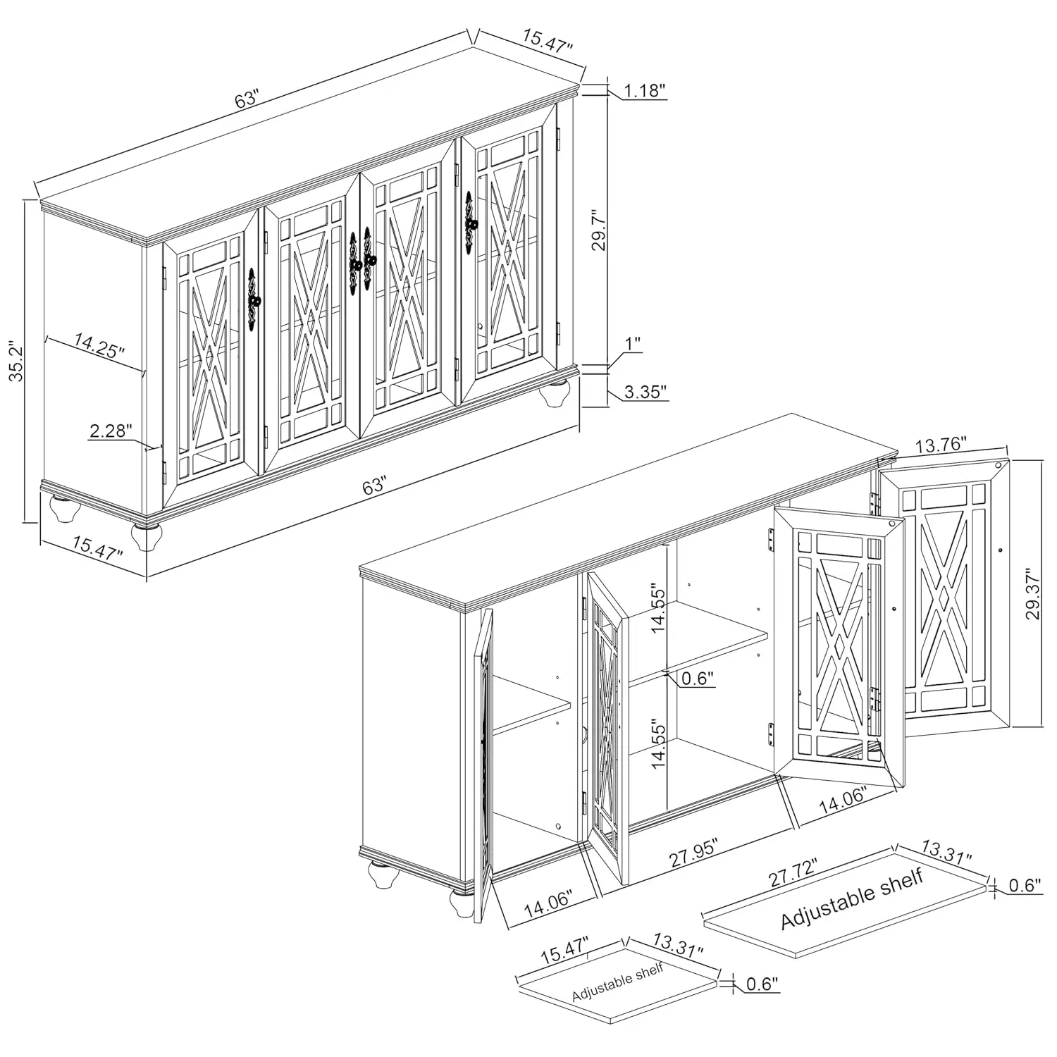 63 Inch Sideboard Buffet Cabinet with 4 Glass Doors for Living Dining Room Kitchen Hallway Console Table, Customized