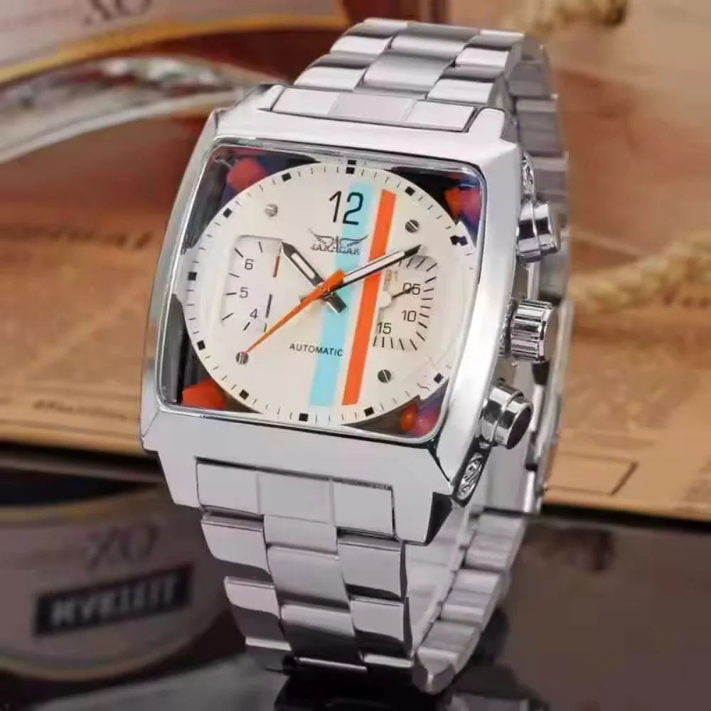 

Vintage Square Dial Unique Men's Automatic Mechanical Watch with Calendar, Steel Strap, Casual Men's Clock, Top Choice for Gift-Giving, Branded Wristwatch
