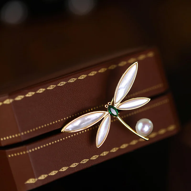 Ethnic Style Faux Mother Of Pearl Dragonfly Brooches For Women Fashion Zircon Pins Party Office Accessory Jewelry Festival Gifts