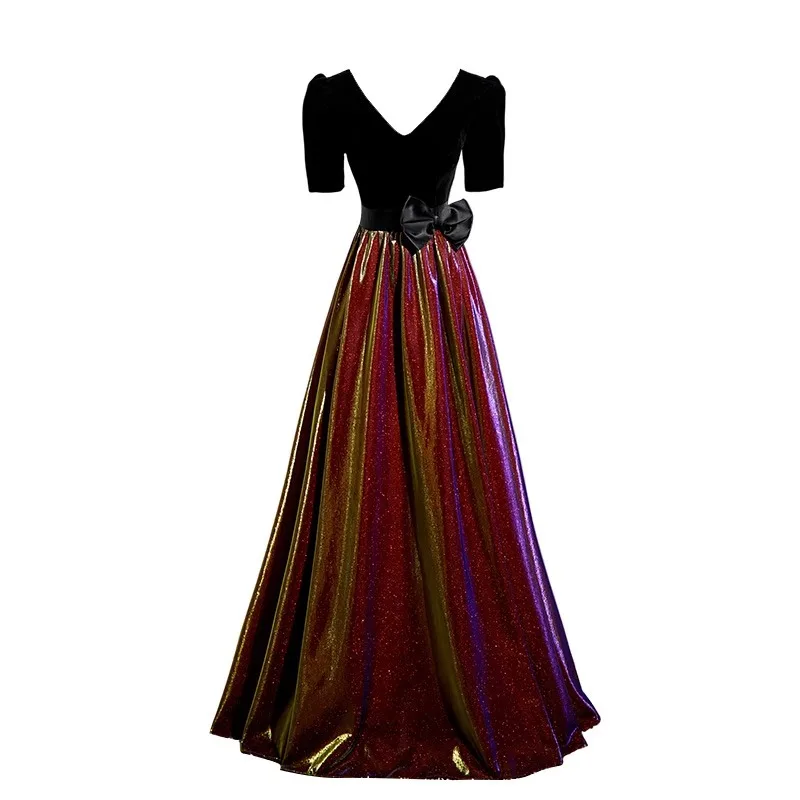 Robe de soirée longue noire pour Banquet, nouveau Style pour femmes, Noble et élégante, amincissante, ensemble haut à manches mi-longues, robe à cravate d'hôte, 2025