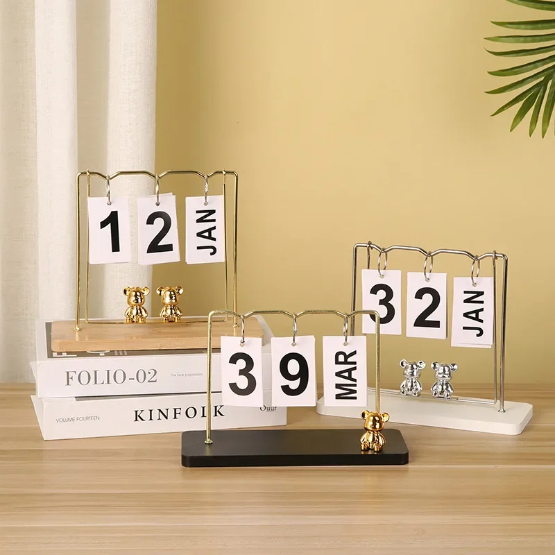 

Wooden Perpetual Desk Flip Calendar Bear Swing Bedroom Office Decoration Listing Gifts Month Date Display Desktop Schedule