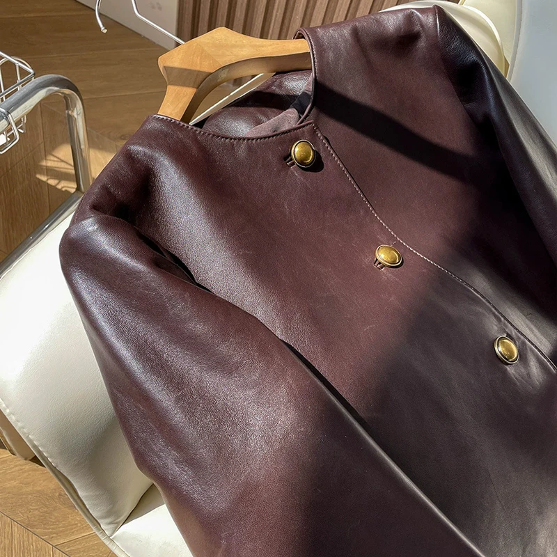 Vintage Wine Red Women's Real Leather Jackets Chic O-neck Single Breasted Female First Layer Sheepskin Short Jackets Coats 2025
