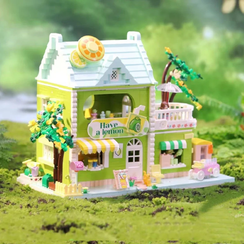 1500PCS Creative Lime Tea Shop and Chocolate Workshop Building Blocks City Street View MOC Brick Educational Toys Gifts For Kid