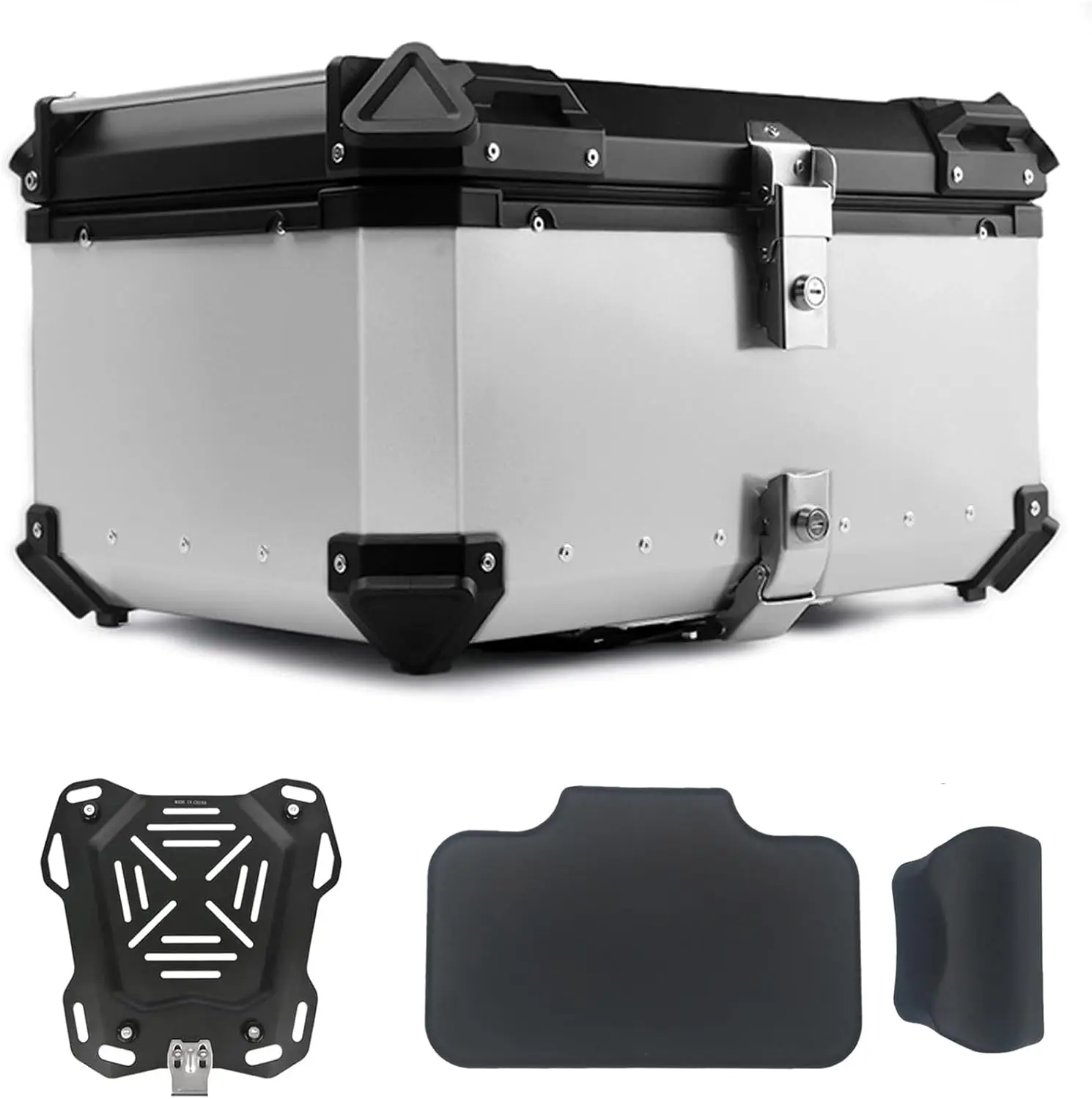 65L Motorcycle Top Case, Aluminum Alloy Universal Motorcycle Trunk, Dual-key Storage Carrier Case Luggage (Silver, 65L)