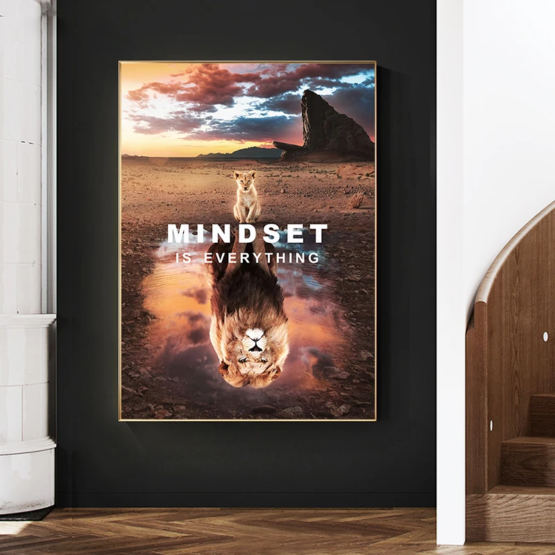 

Inspirational Animal Canvas Painting Cat or Lion in Heart Mindset Is Everything Wall Art Poster and Print Picture for Home Decor