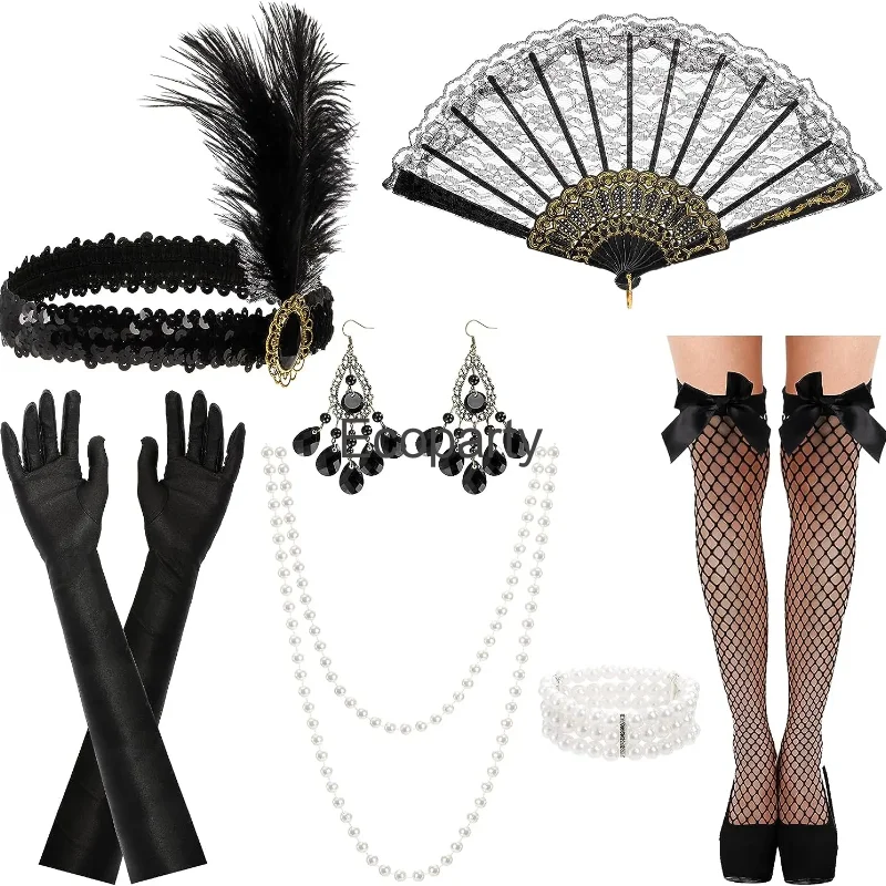 1920's Cosplay Flapper Costume Accessories Halloween Charleston Dress Feather Headpiece Earring Necklace Suit Great Gatsby Props