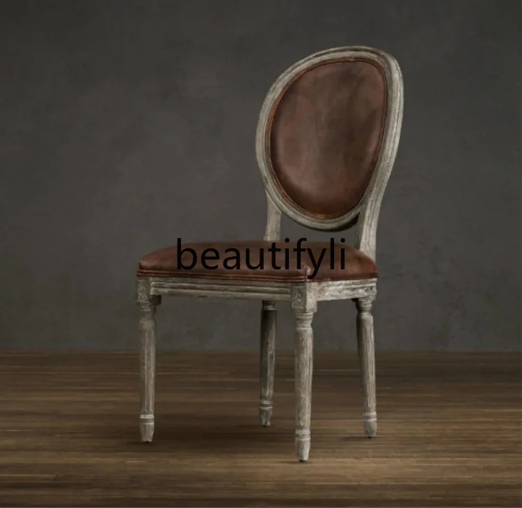 

European-style Dining Table and Chairs Vintage Solid Wood Distressed Backrest Armchair American-style Chair