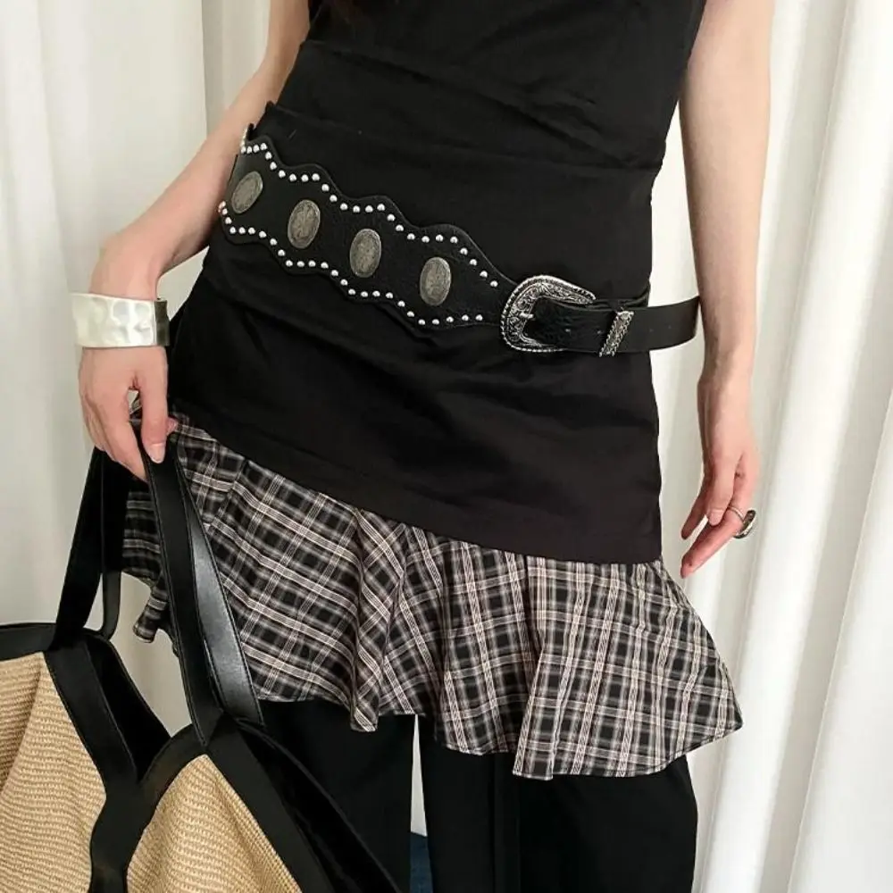 العصرية خمر حزام المرأة برشام Y2k حزام الخصر الجلدي فستان قوطي أسود حزام الجينز الخصر الديكور #1