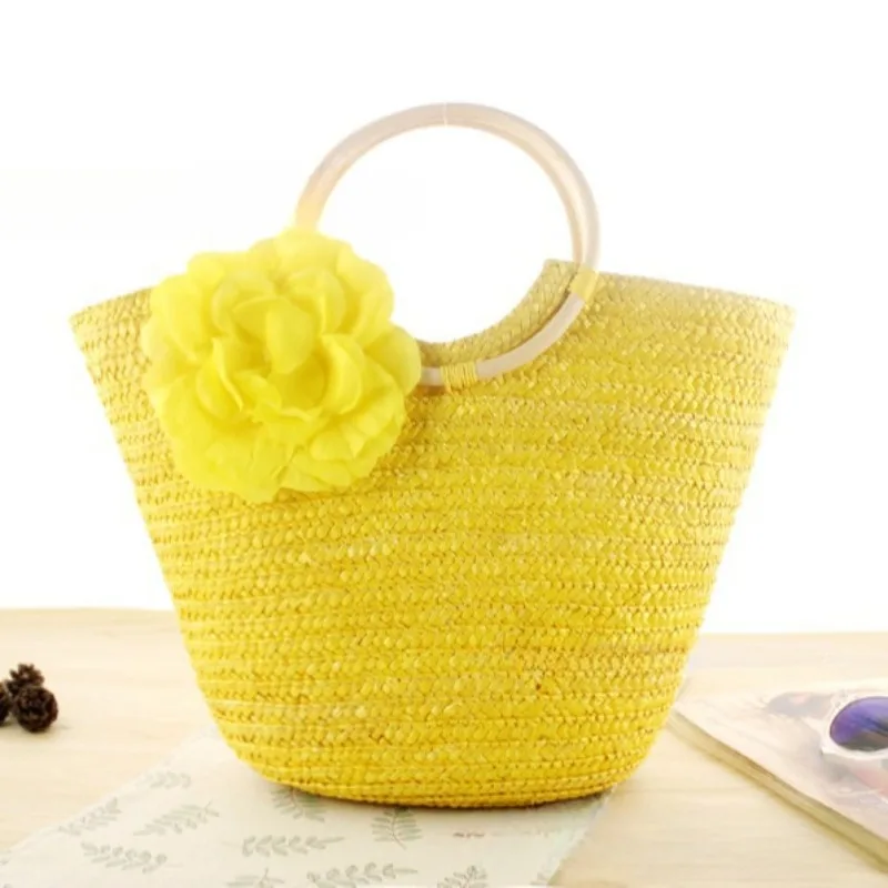 Flower Summer Beach Bag Wheat Pole Weave Women's Handbag Bohemian Knitting Straw Bags High Capacity Female Top Handle Totes