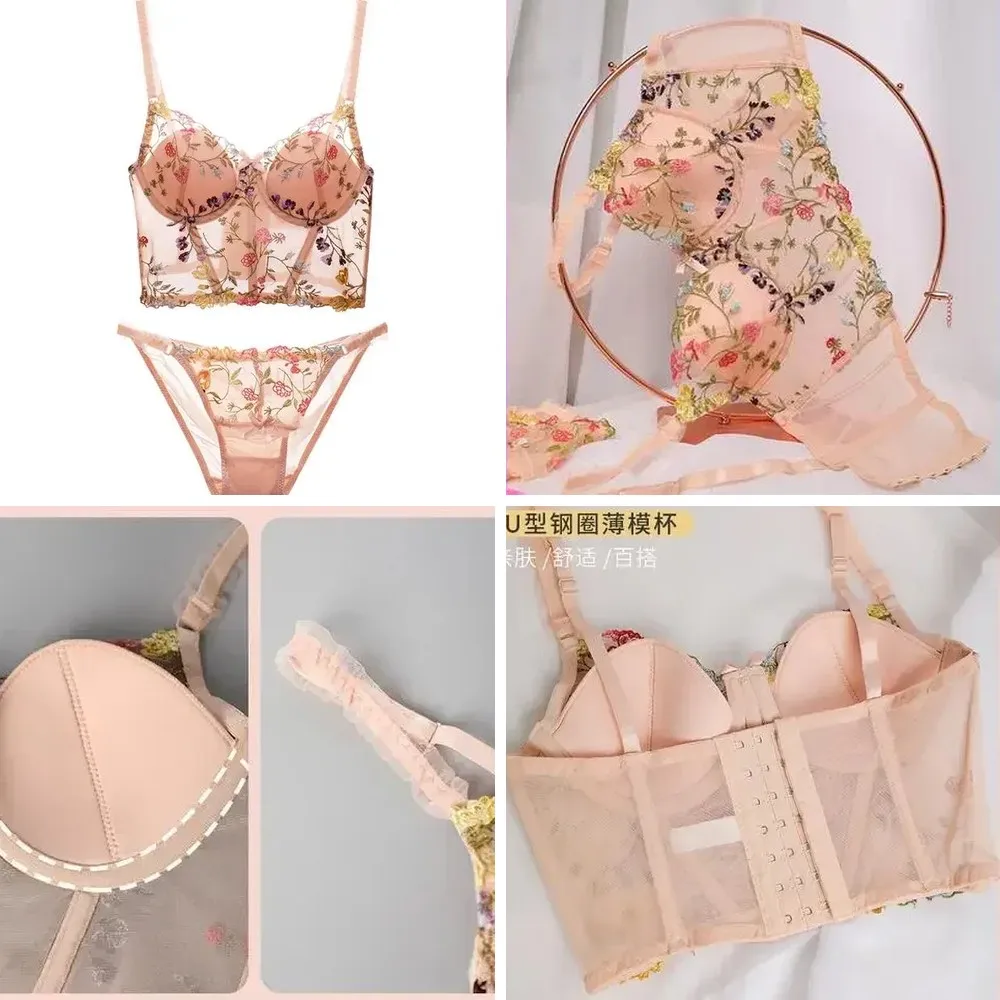 

Sexy Embroidered Bralette Set with Fishbone Support & Lace Trim, Push Up Underwear for Women