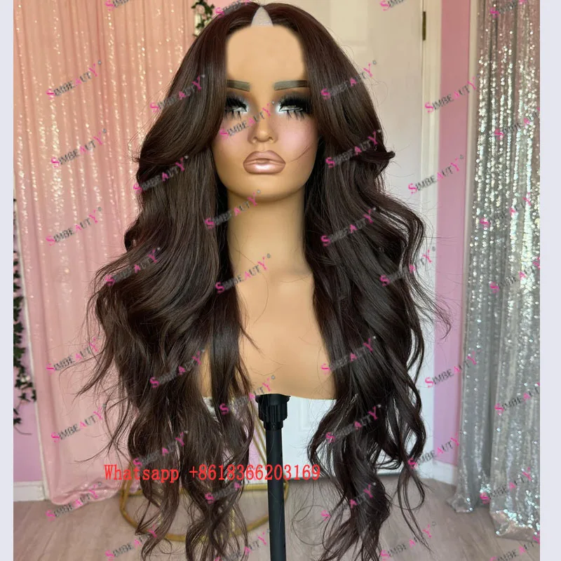 Water Wavy 100% Human Hair Darkest Brown Black Women Full 180Density 1x4 Size Middle V Part Wigs Adjustable Straps U Part Wigs