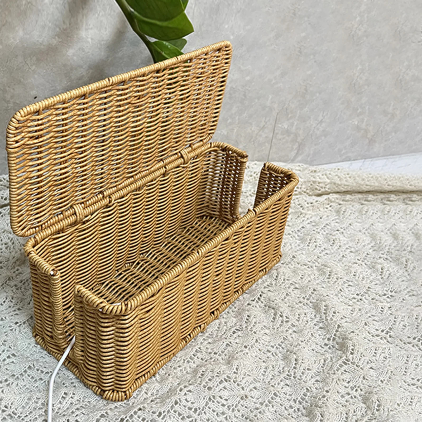 

Cable Management Box Imitation Rattan Cord Organizer with Lid 2 Open Slots for Computer Router USB Hub & Power Strip