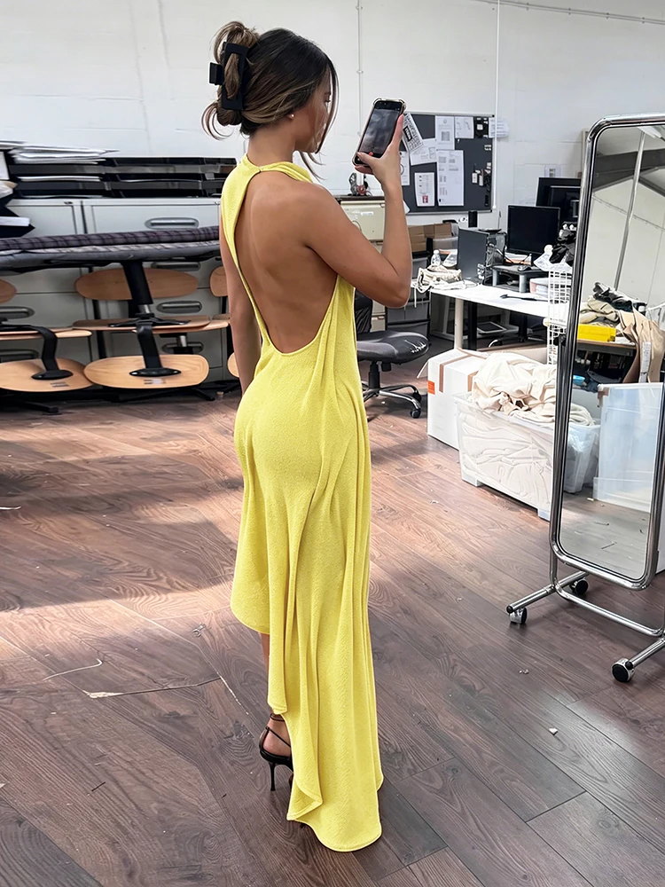 Sisterlinda Trend Mode Sexy Langes Kleid Damen Rückenfrei O-Ausschnitt Ärmellos Unregelmäßiger Saum Urlaub Gerafftes Elegantes Kleid – Detail 15