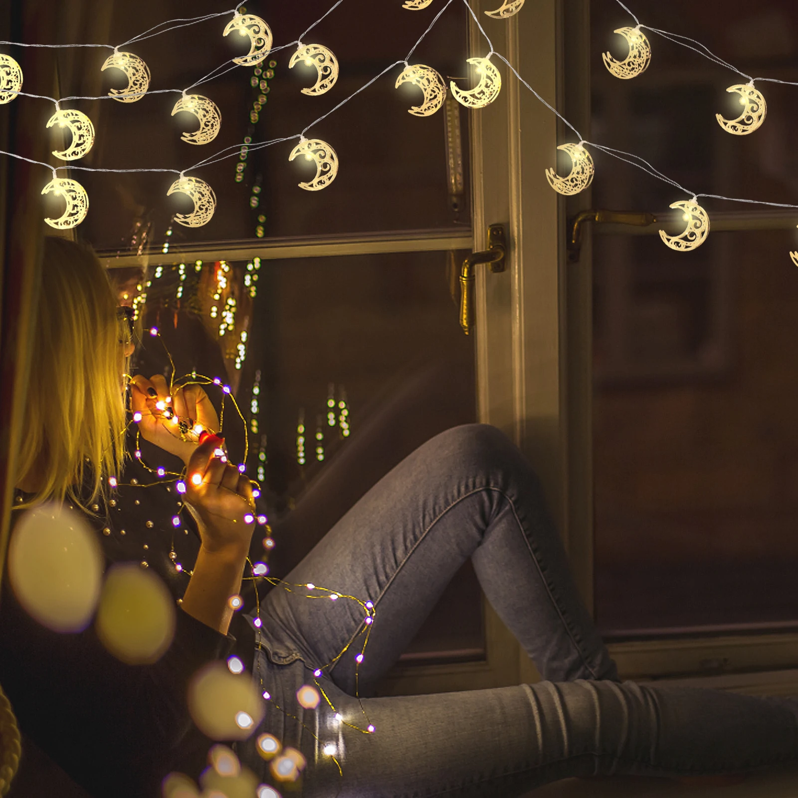 

Ramadan Decoration Lights Moon Shaped Golden Fairy String Lamp LED Ip42 Waterproof Beautiful Hollow Design for Special Moments