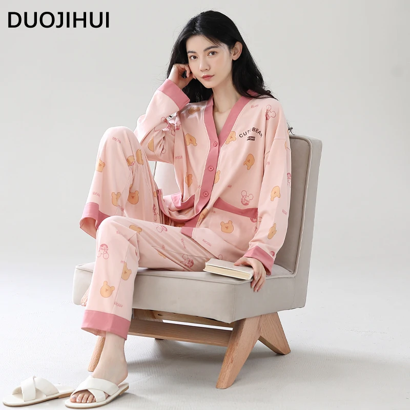 DUOJIHUI V-neck Cardigan Loose Pant Casual Home Pajamas for Women Autumn New Basic Simple Sweet Fashion Print Female Pajamas Set