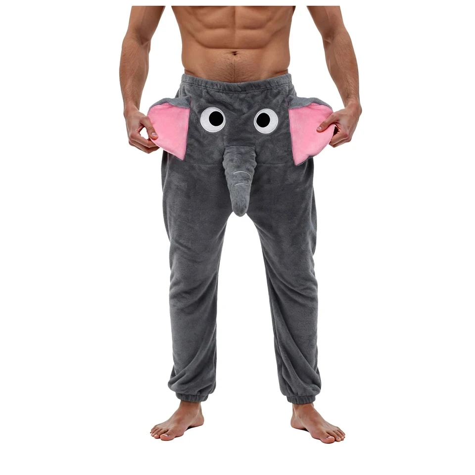 Men's Cartoon Elephant Pajama Pants Funny Plush Lounge Trousers Male Elastic Waist Pajama Bottoms Warm Home Sleeping Pants