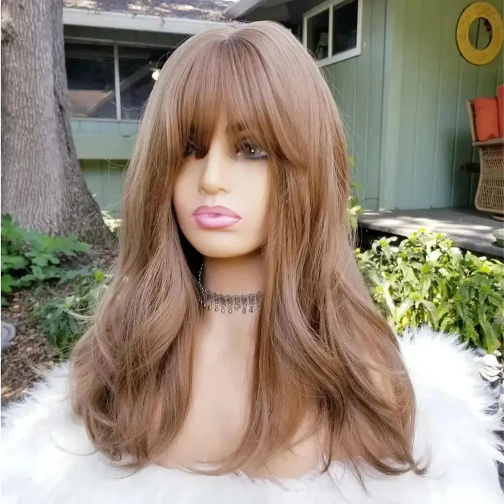 

Коричневый парик с челкой Многослойный светло-коричневый парик с бахромой средней длины Натуральная волна Синтетический термостойкий парик естественного вида