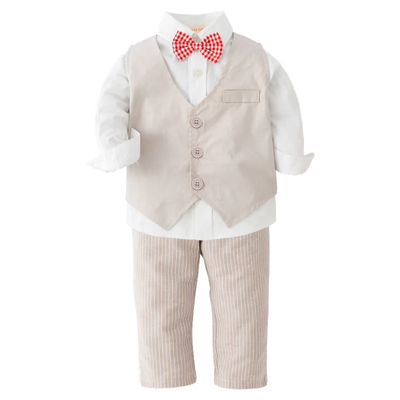 Kids Suits for Boys Formal Wear Outfit Baby Blazer Long Sleeve Shirt+Pants+Red Bow Tie Children's Set Wedding Party Fancy Dress