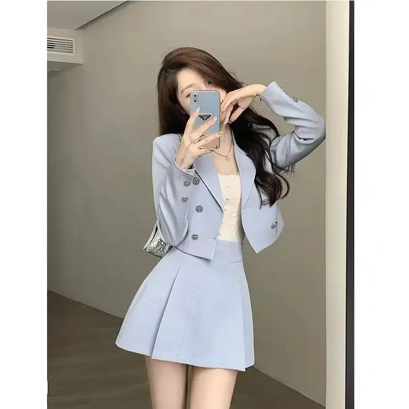 Women Spring Summer Short Blazers Mini Skirts 1 or Two Piece Set 2024 Korean Preppy Style Blue Suit Jacket A-Line Skirt Outfits