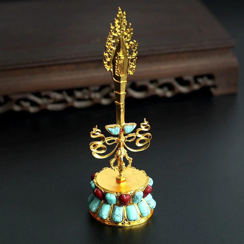 ZZ Alloy Manjushri Wisdom Sword Ornament Inlaid With Color Beads Tibetan Buddhist Altar Vajra Ritual Supply