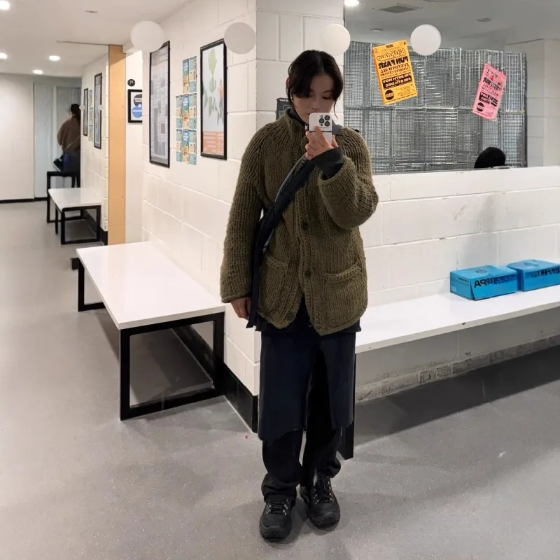 Pull tricoté de luxe fait à la main pour femmes, haute Intelligence, Style vieil argent, manteau épais, manteau 100% laine, Cardigan