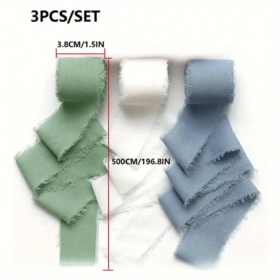 3 Rollen/Set, 5 m, ausgefranstes Satin, handgefertigtes Chiffon-Seidenband für Hochzeitseinladung, Blumensträuße, Geburtstagsfeier, DIY-Dekoration, Geschenk – Detail 1