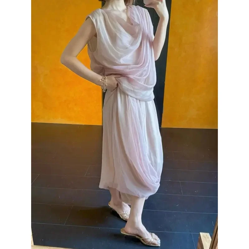 2026 New Women's Mesh Spliced Set Swinging Collar Sleeveless Top + High Waist Long Skirt Fashion Suit