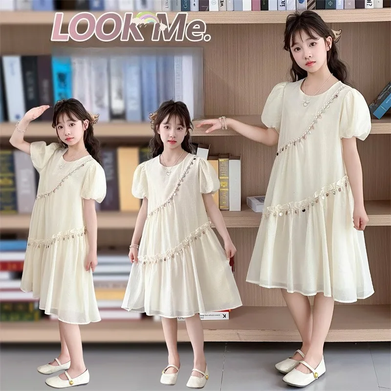 

Girls Sweet Fresh Doll Dress Children Midi Bubble Sleeve Round Neck Dress Kids Princess Dress 2025 Summer New
