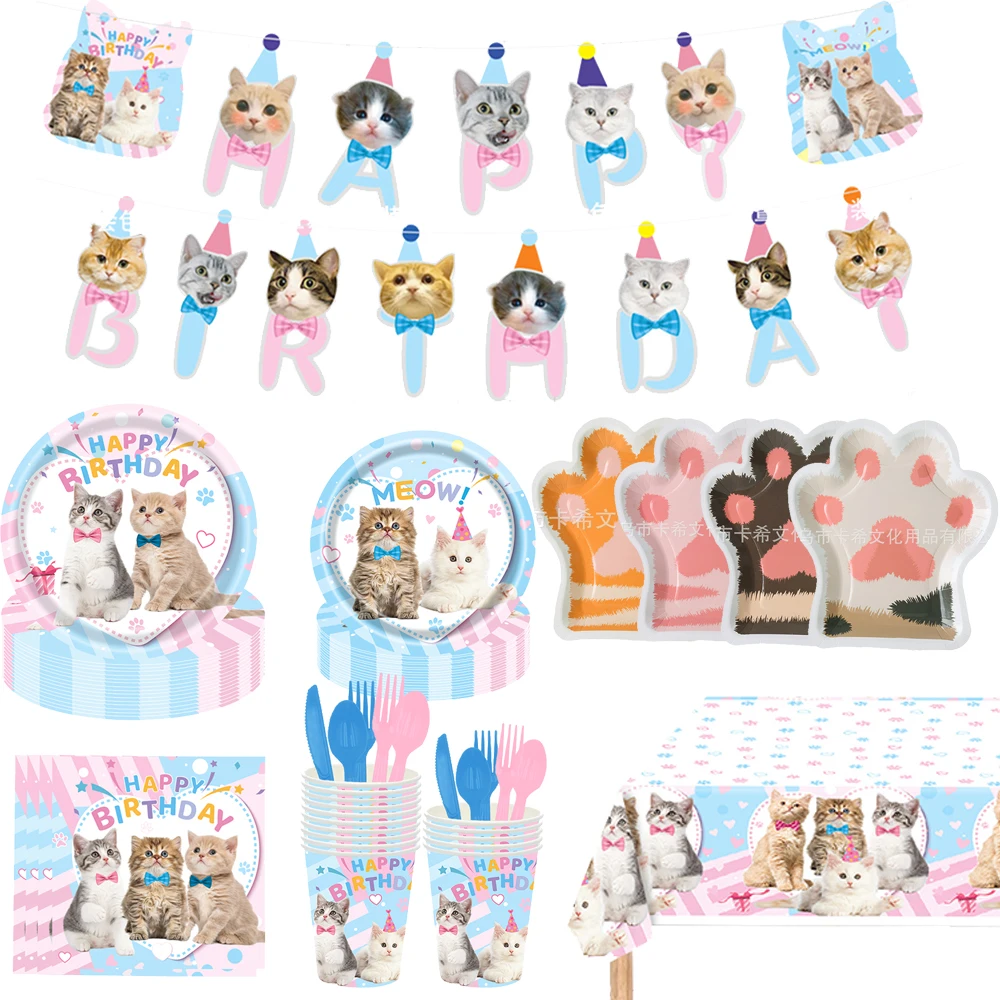 Kitten Birthday Party Decorations Cat's Paw Plates Banner Napkins Balloons Tablecloth for Kids Cat Theme Birthday Party Suppli