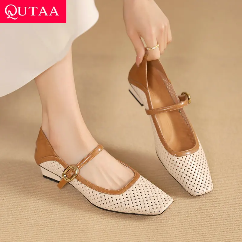 

QUTAA 2024 New Women Thick Low Heel Pumps Thick High Heel Square Toe Mary Jane Genuine Leather Shoes Woman Buckle Size 34-41