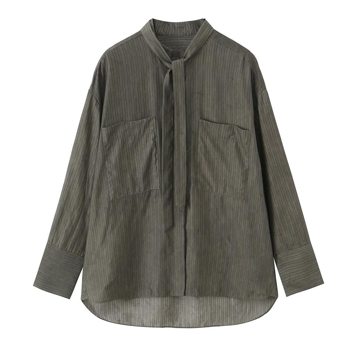 

2025 New Arrival Summer Casual Collared Long-Sleeve Striped Shirt Retro Gray Shirt with American and European Style