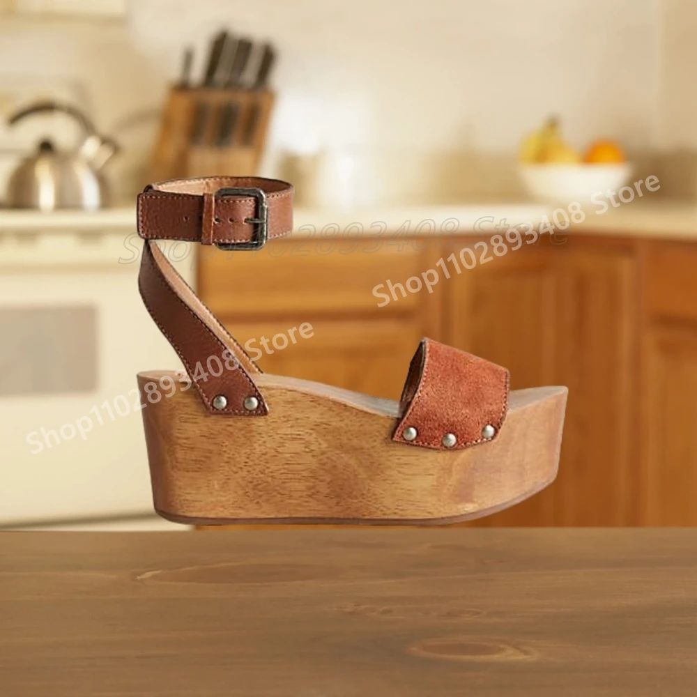 Sandalias de estilo Retro con punta abierta y suela gruesa marrón, cuñas con hebilla en el tobillo, zapatos de tacón alto a la moda Para chicas y mujeres, 2025 Para Mujere