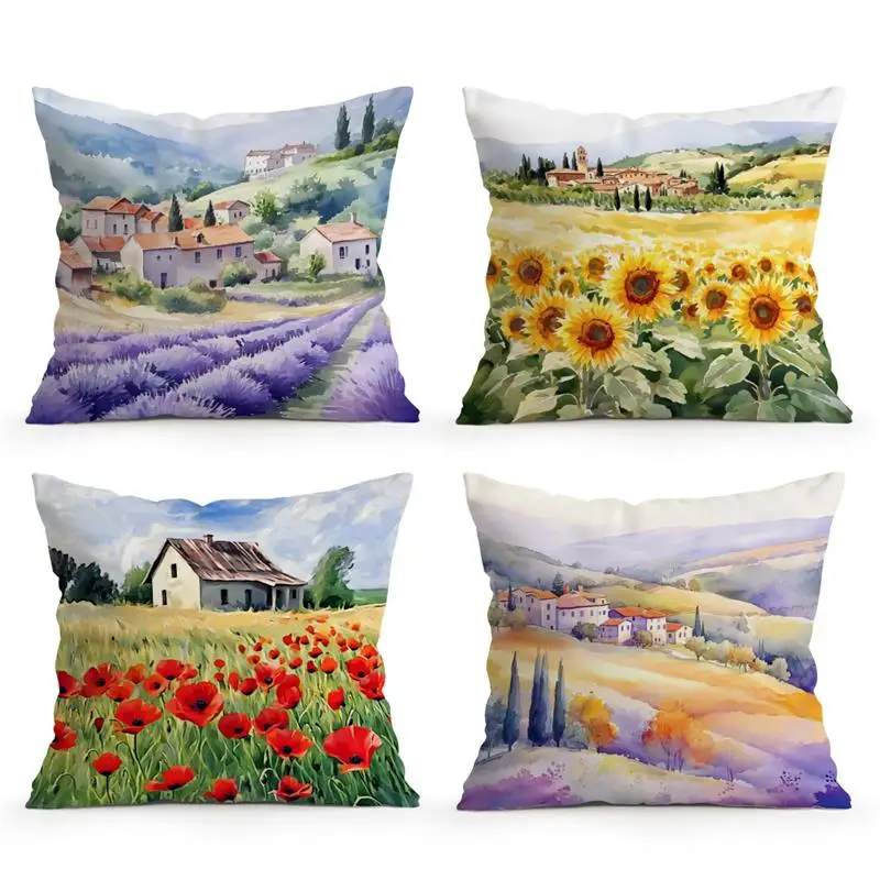 Countryside Landscape Watercolor Painting Decorative Cushions Pillowcase Cushion Cover Throw Pillow Sofa Pillowcover Home Decor