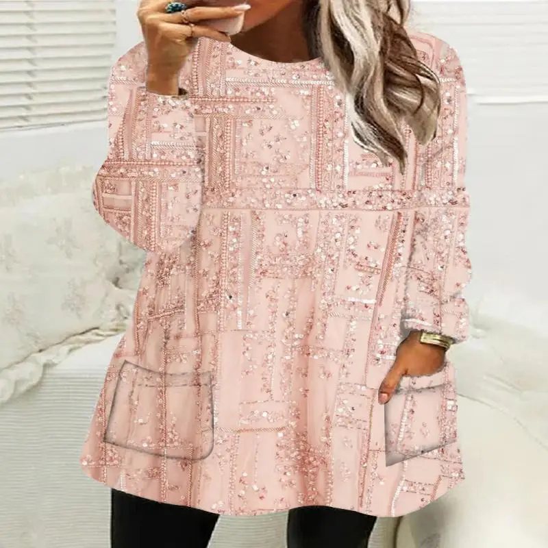 

Plus Size Women Long Sleeve Scoop Neck Printed Graphic Pockets Tops