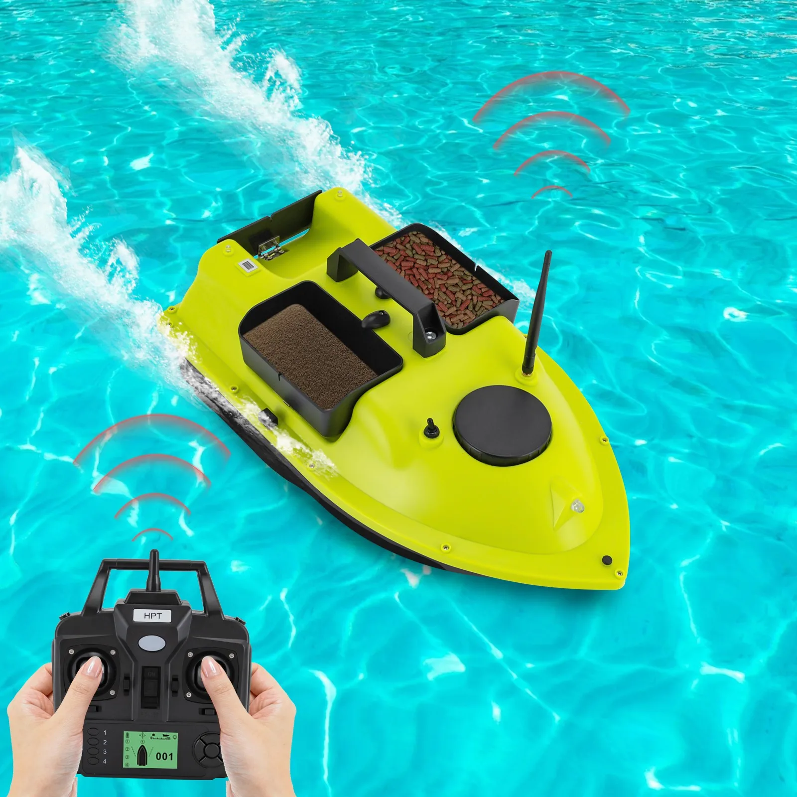 

Долговечная лодка с приманкой с дистанционным управлением, батареи 2*5200 мАч (успользуется 90 минут) и диапазон 1968 футов, ЖК-экран для простого управления