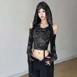 2025 Summer Long Sleeve Hooded T-shirts Off Shoulder Sexy Harajuku Tshirts Women Y2k Aesthetic Fashion Streetwear Belt Crop Top