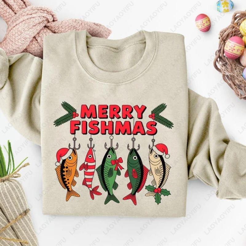 

Funny Merry Christmas Fishing Fisherman Holiday Pullover Santa Hat Fish Art Men Women Hoodie Sublimation Designs Sweatshirt Gift