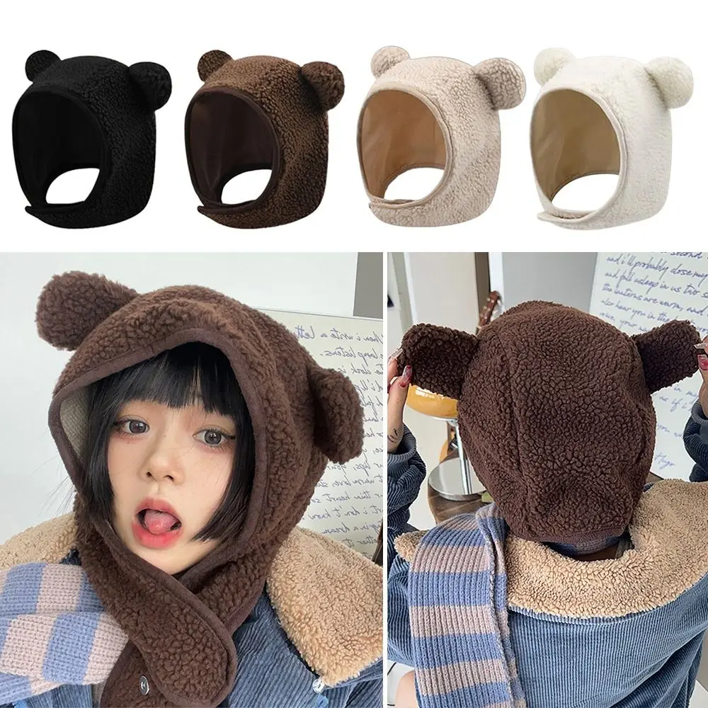 Cute Polar Fleece Winter Beanies Caps Neck Warmer Winter Beanie Hat Scarf Windproof Bear Ears Scarf Set Hooded for Women Girls