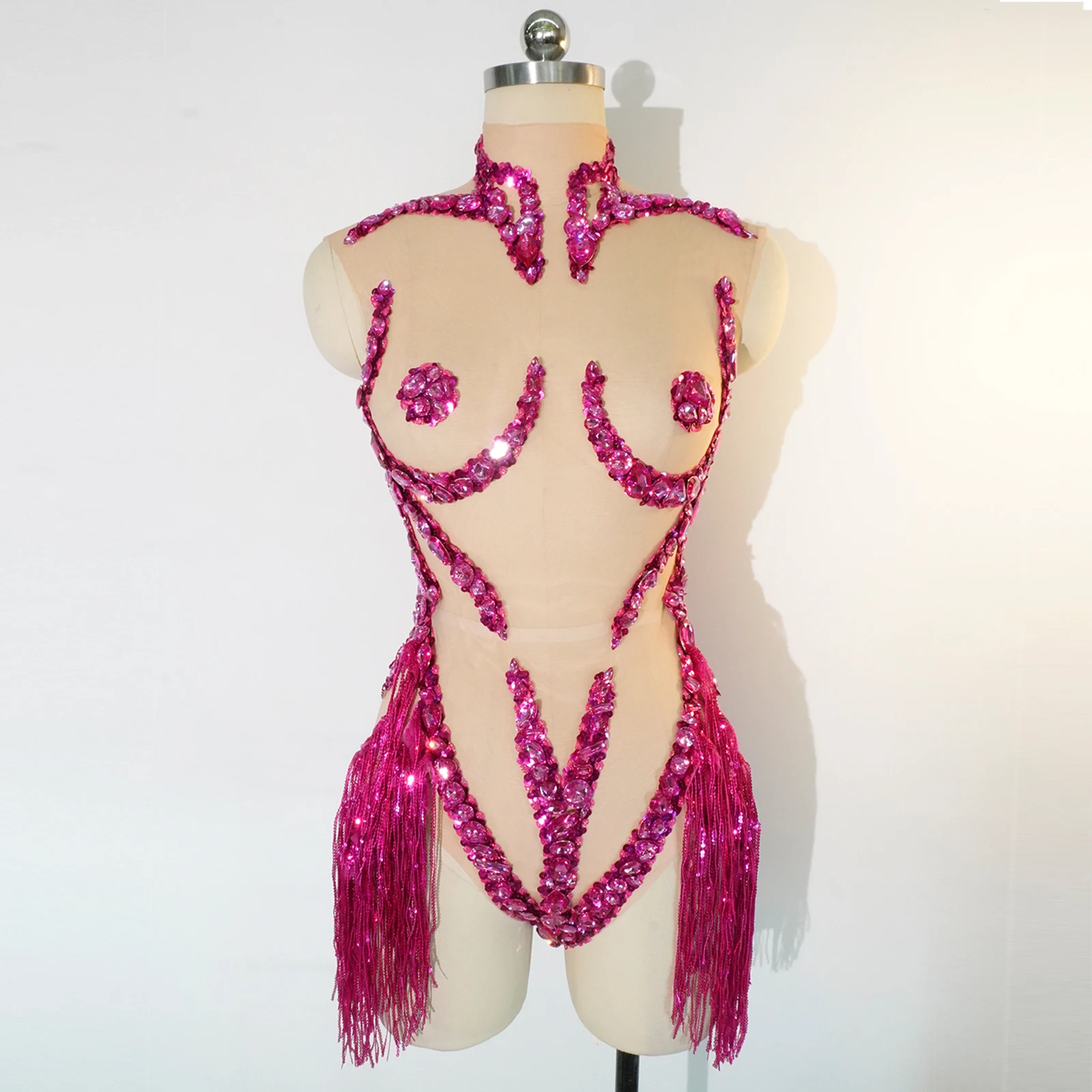 

Rhinestone Fringe Two-Piece Bodysuit Women Sheer Sequin Tassel Backless Salsa Nightclub Stage Costume Prom GoGo Festival Party​