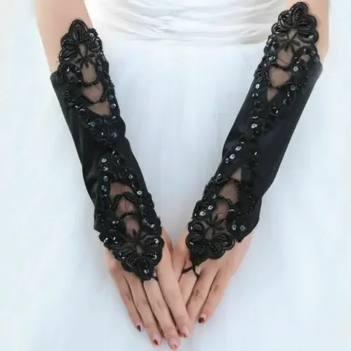 

Black Bride Wedding Party Evening Dress Fingerless Lace Satin Bridal Gloves