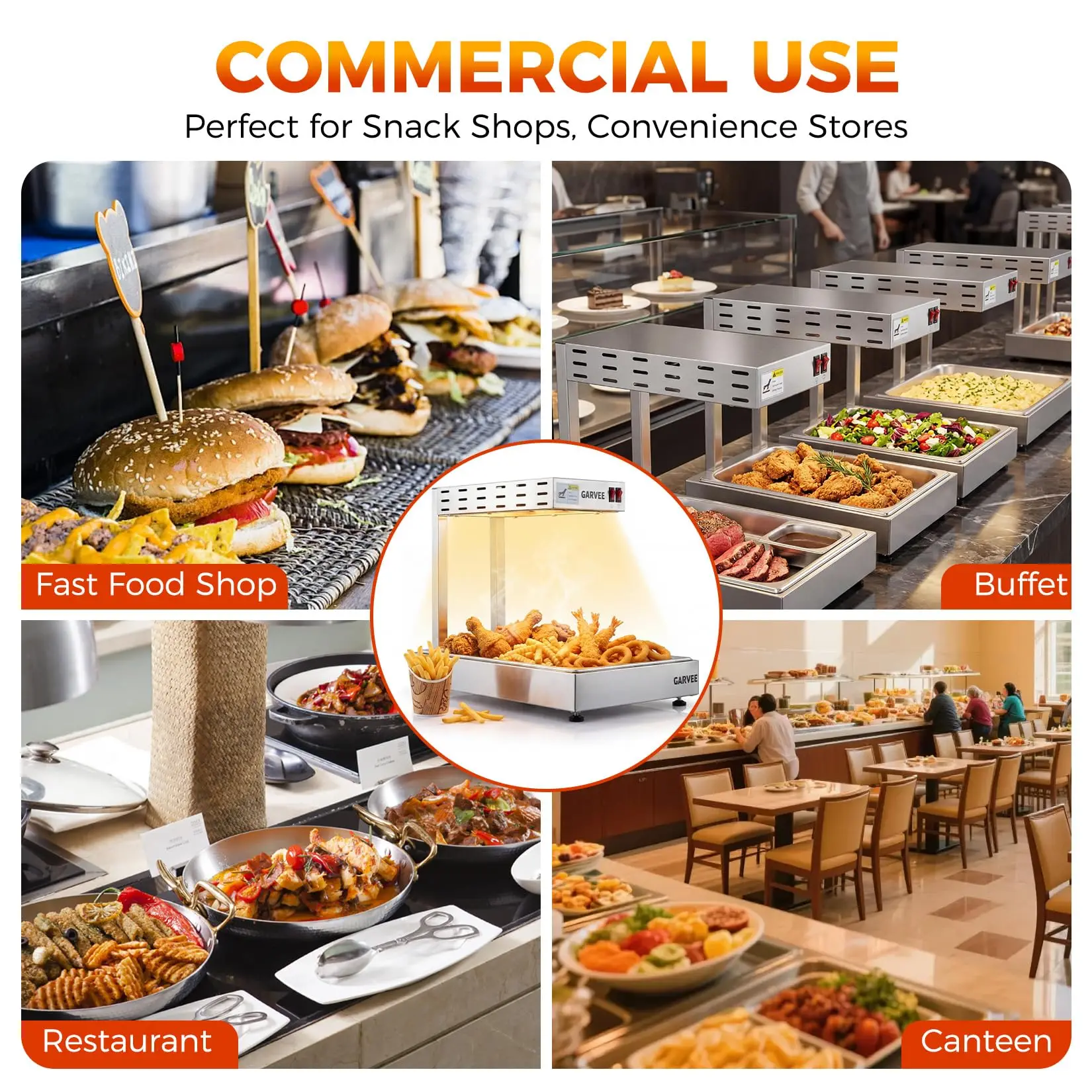 Estação de aquecimento de alimentos por infravermelho comercial com base de aço inoxidável, lâmpada de calor para balcão, para batatas fritas, pizza, buffet e restaurante.