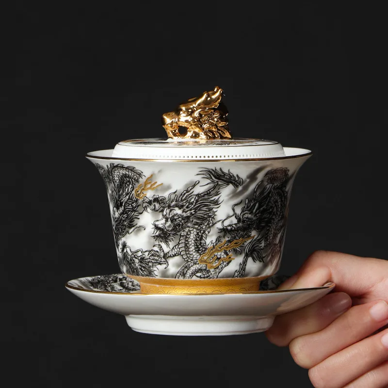 Chinesische Tinten-Drachen-Gaiwan-Teetasse mit integriertem Filter, verbrühungssichere San-Cai-Teeschale für den Haushalt