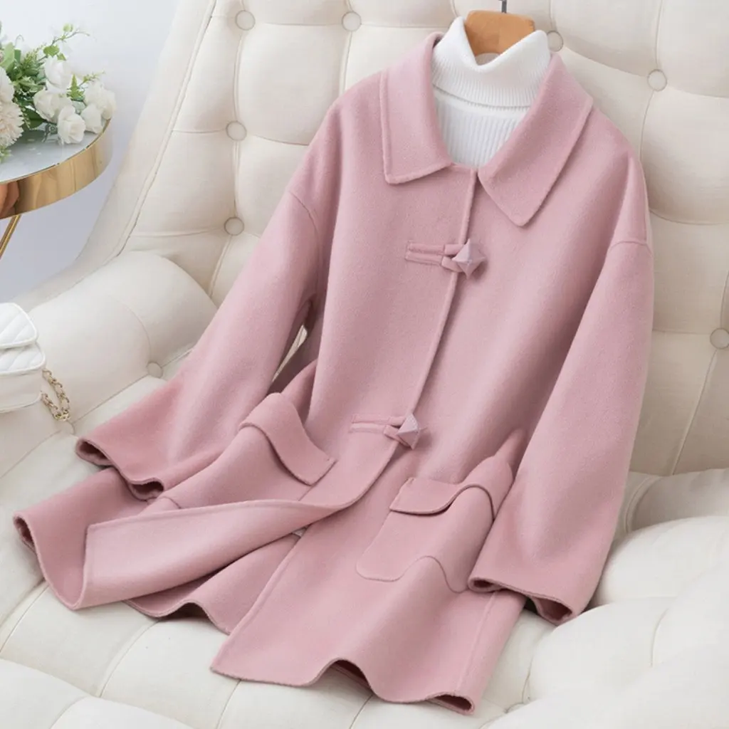 

Elegant Double-Sided Woolen Outwear Mid-Length Loose Fit Autumn Winter Fashion Doll Collar 100% Woolen New Style