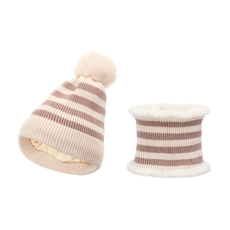 Dicken Winter Baby Mädchen Hut Schal Set Warme Gestreiften Kinder Pompom Hut Schal Gestrickte Baumwolle Großhandel Winter Hut Für Kinder