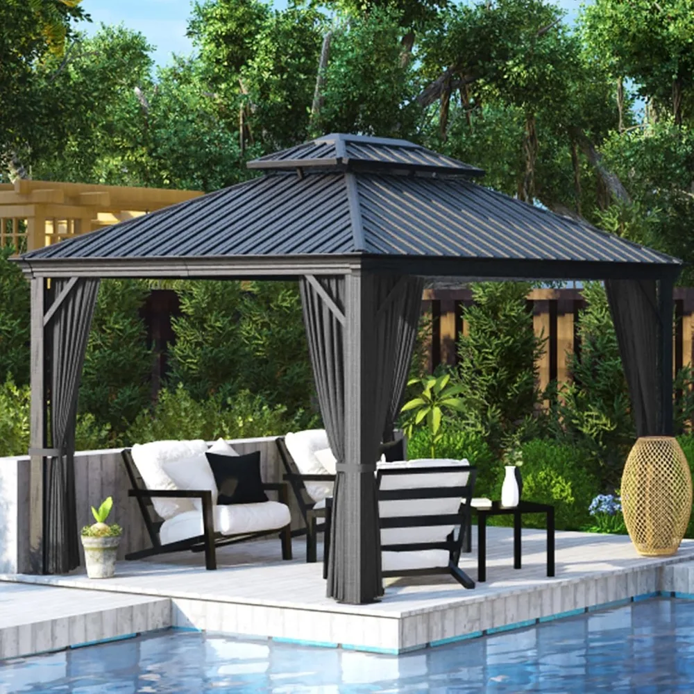 

10x12 Hardtop Gazebo, Outdoor Metal Gazebos with Netting and Curtains, Double Galvanized Steel Roof, Patio Hard Top Gazebo