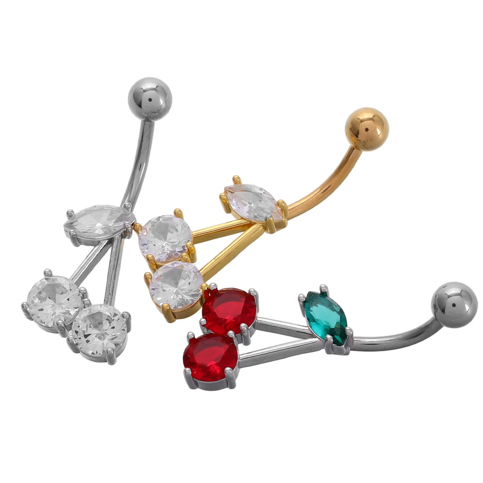 

3Pcs Belly Button Ring Set Copper Zircon Cherry Design Cute Dangle Belly Piercing Rings for Women Unique Navel Jewelry
