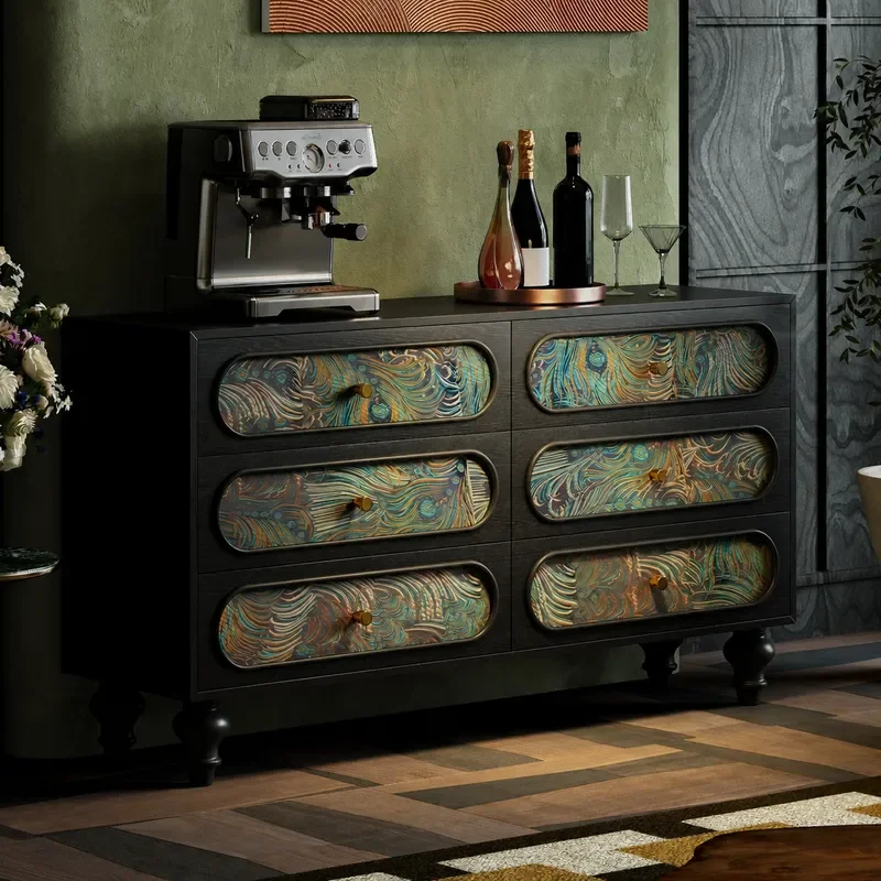 Light Luxury Peacock Pattern Cloud Brocade Six Drawer Chest Cabinet for Living Room Entrance Storage Bedroom Decorative