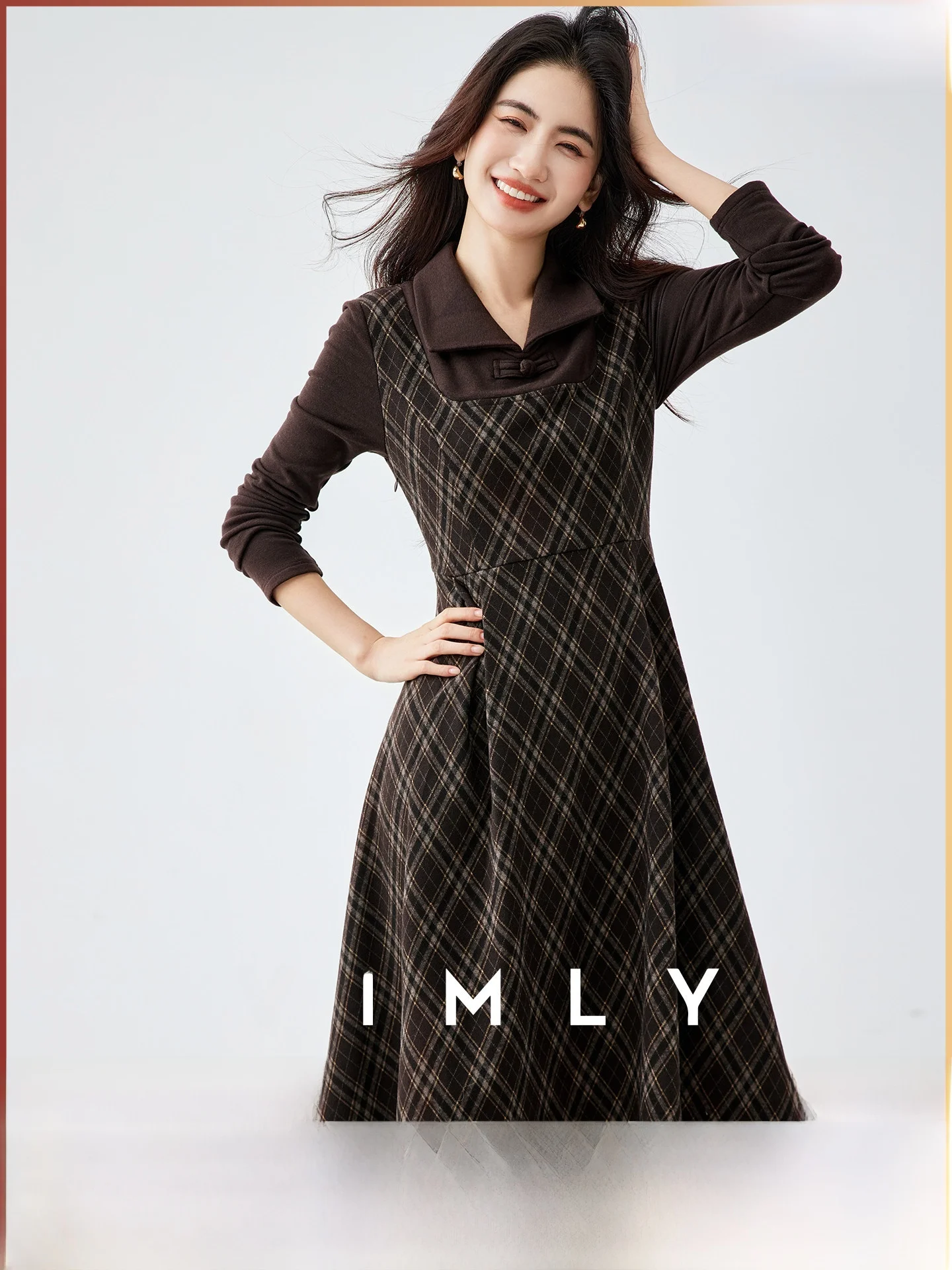 

New Chinese Sle Winter Long A-Line Dr Women's Collared Plaid Skirt Suit Casual Polyester Fiber Stand Fit Outdoor Wear