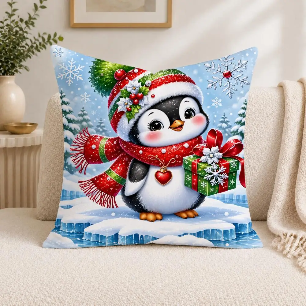 Penguin Christmas Design Cushion Cover Square Decorative Sofa Pillow Case Bedroom Living Room Home Decor Gift